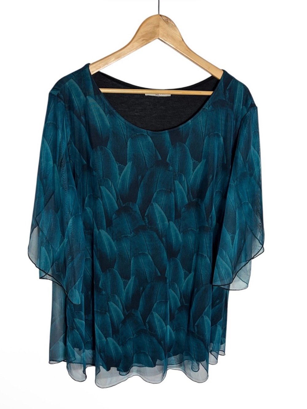 Blue & black mesh feather print tulip sleeve blouse size 3XL